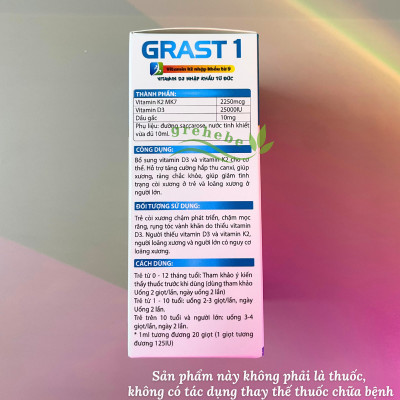 [TPBVSK] Grast 1 Bổ Sung Vitamin K2+D3 Hỗ Trợ Tăng Cường Hấp Thu Canxi Cho Bé