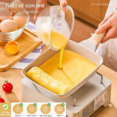 Chảo chữ nhật chống dính cán gỗ 18cm - chảo chiên trứng cuộn phong cách Hàn Quốc