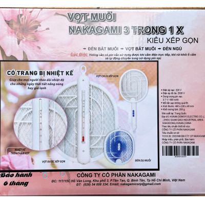 Vợt muỗi 3 trong 1 tích hợp Nhiệt kế Nakagami diệt muỗi tự động 3 chức năng công nghệ Nhật Bản - Màu ngẫu nhiên