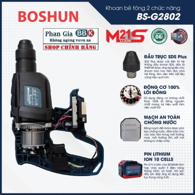 [chính hãƞg] Máy Khoan Bê Tông Dùng Pin 3 chức năng BOSHUN 21V - 2 Pin 15 CELL - Động cơ không chổi than, BH 1 năm
