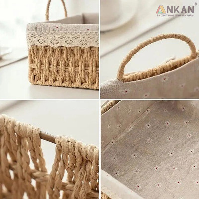 Giỏ Decor Hình Vuông Có Quai Xách – Đan Tay Thủ Công, Lót Vải Hoa Vintage, Trang Trí & Đựng Đồ Đa Năng