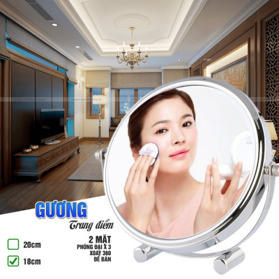Gương trang điểm phóng đại 3 lần, xoay 360 độ, 2 mặt siêu nét, để bàn, Inox 304, Size 18cm, 20cm, Minh House G31