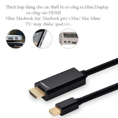 Ugreen UG10450MD101TK 1.5M màu Đen Cáp chuyển đổi Mini DP sang HDMI hỗ trợ phân phải 1080P - HÀNG CHÍNH HÃNG