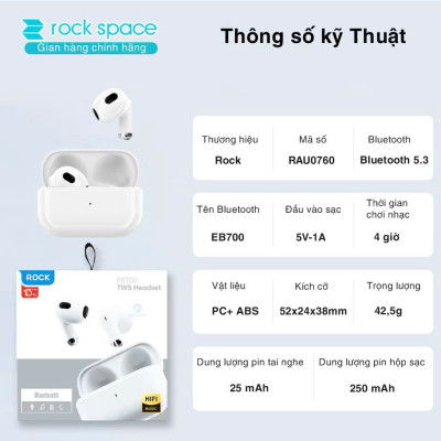 Tai nghe bluetooth không dây nhét tai ROCKSPACE EB700 TWS có mic hàng chính hãng bảo hành 12 tháng