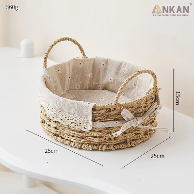 Giỏ Picnic Hình Tròn Có Quai – Đan Tay Thủ Công, Lót Vải Hoa Vintage, Giỏ Đựng Đồ Trang Trí Xinh Xắn