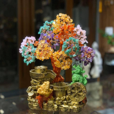 Cây Tài Lộc với tiểu cảnh thiềm thừ cóc ngậm tiền và tỳ hưu phong thủy đá thạch anh ngũ sắc - Cao 30 cm