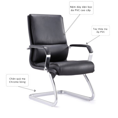 Ghế phòng họp chân quỳ có nệm da dày dặn tay vịn bọc ốp PVC chân thép mạ chrome bóng / black leather chairs / Chairs without wheels / Office chairs / Boss chairs / Morden chairs CV4417-P TpHCM