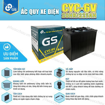 Ắc quy xe golf, ắc quy GS CYC-6V (6V-225AH), ắc quy xe điện du lịch
