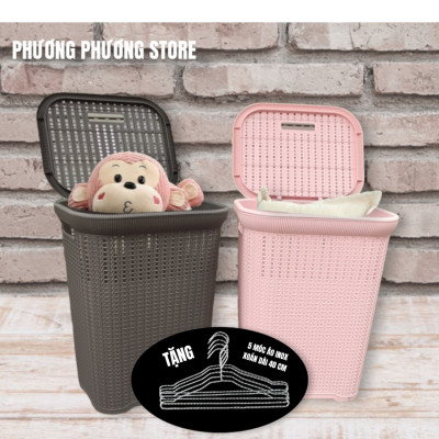 ( HÀNG CAO CẤP ) Giỏ đựng đồ quần áo có nắp Hàn Quốc Kiểu Dáng Đan Mây( Tặng Sét 5 Móc áo Inox Xoắn Dài 40cm )
