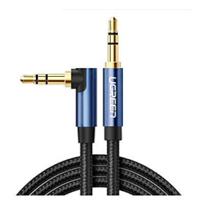 Cáp bẻ góc 90 độ 3.5mm mạ vàng 24K đầu màu xanh bọc kim loại chống nhiễu 2M màu đen Ugreen 112AT60181AV Hàng chính hãng