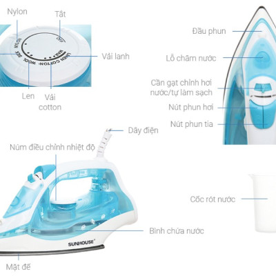 Bàn Là Hơi SUNHOUSE SHD2065 - Công Suất 1600W - Thân Nhựa ABS Chịu Nhiệt Tốt - Mặt Bàn Là Chống Dính - Phun Hơi Liên Tục - Tiện Lợi Với 5 Chế Độ Là - Hàng Chính Hãng