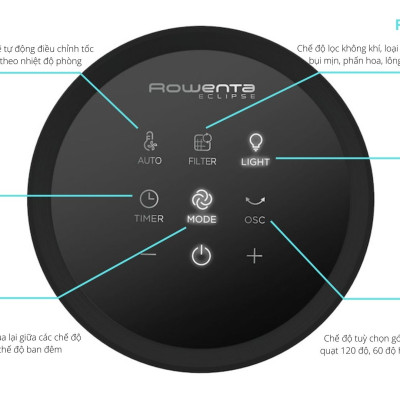 Quạt Không Cánh, Kiêm Lọc Không Khí ROWENTA ECLIPSE QU5030F0 12 Cấp Độ Gió, Lọc Sạch 99,95% Bụi Mịn, Cảm Biến Nhiệt Độ Auto, Ồn Cực Thấp, Công Suất 33 W - Hàng Nhập Khẩu Đức