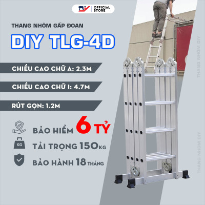 Thang nhôm gấp đoạn DIY TLG-4D chiều cao sử dụng tối đa chữ A 2.3m chữ I 4.7m - Tiêu chuẩn chất lượng an toàn Châu Âu