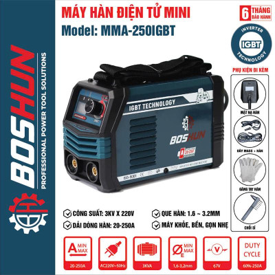 Máy Hàn Điện BOSHUN BS-MMA250IGBT , INVERTER IGBT, Lõi Đồng, Hàn Que 1.6-3.2mm