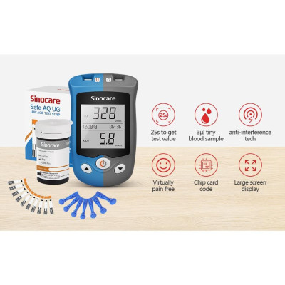 Máy Đo Đường Huyết Và Axit Uric Sinocare Safe AQ UG 2 Trong 1 Kèm 50 Que Đường, 50 Que Gout Và 100 Kim