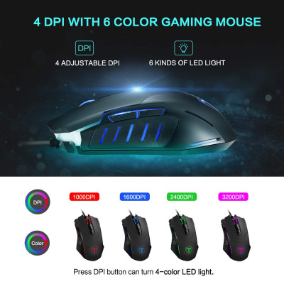 Chuột chơi game văn phòng có dây USB PICTEK T9 3200 DPI 6 nút - Hàng chính hãng
