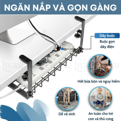 Khay đỡ ổ điện dây điện gắn dưới bàn kệ bằng kim loại thép không cần đục lỗ 38.5x13x16cm Legaxi