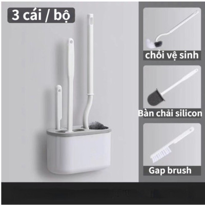 Bộ 3 Bàn Chải Vệ Sinh Toilet Cán Dài 360 Độ Silicon Có Khay Đựng Treo Tường Dùng Vệ Sinh Nhà Tắm Tiện Dụng Giao Màu Ngẫu Nhiên