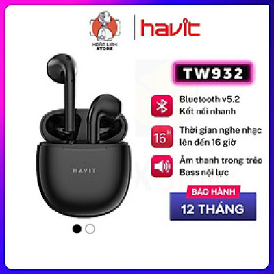 Tai Nghe Không Dây True Wireless HAVIT TW932 Bluetooth 5.2 Âm Bass Tăng Cường, Driver 13mm - Hàng Chính Hãng