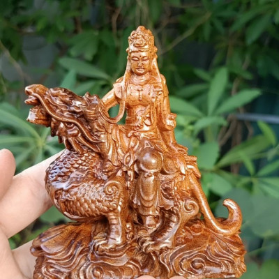 Tượng văn thù phổ hiền bồ tát bằng gỗ bách xanh thơm nức kt 16×15×6cm