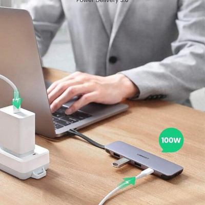Ugreen UG70408CM285TK 10CM màu xám USB type C 5 trong 1 hub 3 x USB 3.0 + sạc PD 100W + HDMI - HÀNG CHÍNH HÃNG