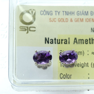 Bông Tai Thạch Anh Tím Amethyst Mài Giác Oval 5*7mm Kiểm Định