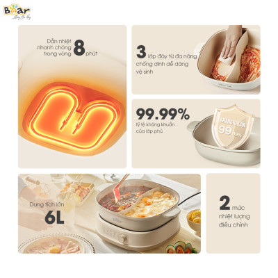 (Hàng chính hãng) Nồi Lẩu Bear 2 Ngăn SB-NL60U Dung Tích 6L. Bảo hành 18 tháng 