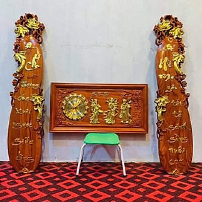 Combo Cặp câu đối lá chuối + tranh đồng hồ treo tường phúc lộc thọ bằng gỗ hương đỏ