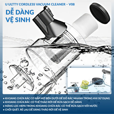 Máy hút bụi lau nhà cầm tay không dây thông minh Ultty V08 - Lực hút 24000 pascal - Hàng chính hãng