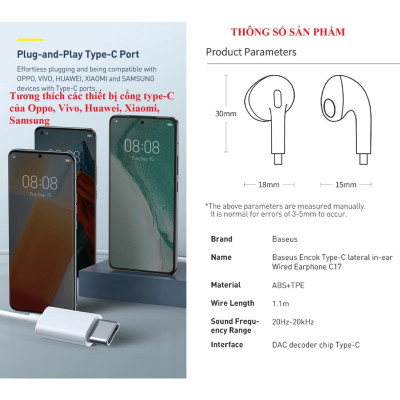 Tai nghe nhét tai jack cắm type-C  có mic Baseus Encok C17 NGCR010002 - Hàng chính hãng