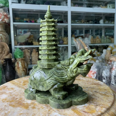 Cụ Long Quy (Rùa Đầu Rồng) Cõng Tháp Văn Xương Đá Ngọc Ấn Độ - cao 22cm