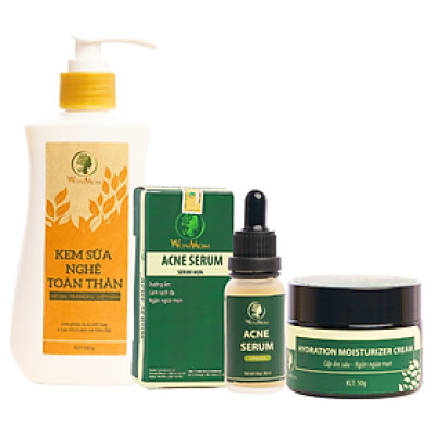 Bộ sạch mụn, trắng da mặt và body cơ bản Wonmom ( 1 Serum mụn + 1 Kem cấp ẩm + 1 Kem sữa nghệ toàn thân )