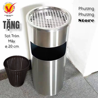 HÀNG CAO CẤP - Thùng rác inox tròn, thùng rác inox gạt tàn tròn ( Tặng sọt tròn mây )