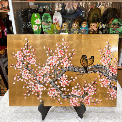 Tranh sơn mài - UYÊN ƯƠNG TRÊN CÀNH ĐÀO - Nền dát vàng/bạc cao cấp