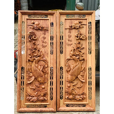 Tranh điêu khắc lý ngư vọng nguyệt bằng gỗ hương đá kt 42×117×5cm