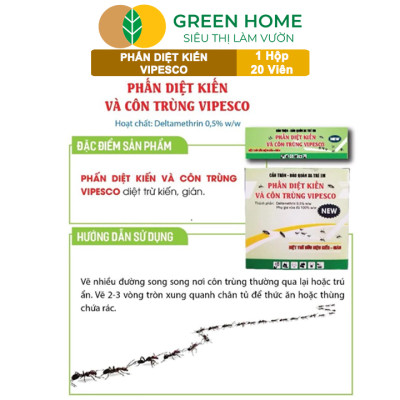 Phấn Diệt Kiến Và Côn Trùng Vipesco, GreenHome, 1 Hộp 20 Viên, Diệt Trừ Kiến, Gián, Rận, Côn Trùng