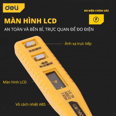 Bút Thử Điện Hàng Nhập khẩu  Deli 12-250V - Màn Hình LED Kỹ Thuật Số Hiển Thị  Thuận Tiện