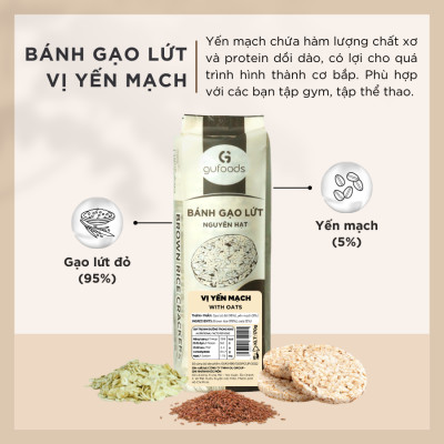 Bánh gạo lứt GUfoods vị Yến mạch - Không chiên dầu, Không đường, Lành mạnh, Phù hợp Eat clean, Ăn vặt healthy, Thực dưỡng, Tập gym, Thuần chay