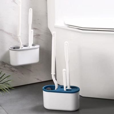 Bộ 3 Bàn Chải Vệ Sinh Toilet Cán Dài 360 Độ Silicon Có Khay Đựng Treo Tường Dùng Vệ Sinh Nhà Tắm Tiện Dụng Giao Màu Ngẫu Nhiên