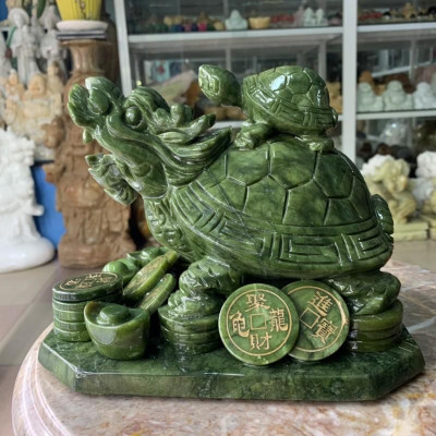 Tượng Long Quy ( Rùa đầu rồng ) cõng con phong thủy đá ngọc Ấn Độ - Dài 22 cm