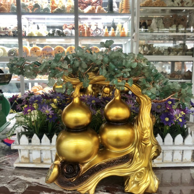 Cây tài lộc bầu hồ lô phong thủy đá thạch anh dâu tây xanh trang trí bàn thờ thần tài, bàn làm việc - Cao 34 cm