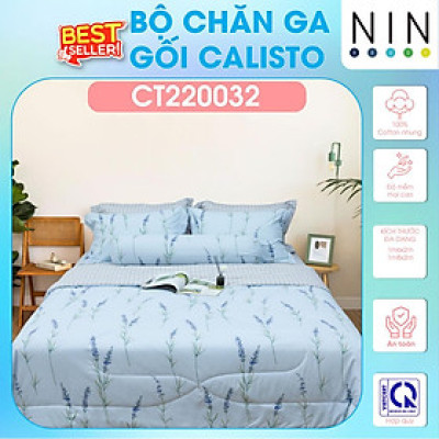 NEW ARRIVAL Bộ 5 món drap cotton, áo gối, mền chần NIN Calisto CT220032 1m6, 1m8 bọc nệm bo chun, cao cấp