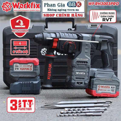 Máy khoan đục bê tông pin WORKFIX WF-RH3003PRO, Anti-kickback, giảm rung chấn RVT, 3 chức năng, 6 tốc độ