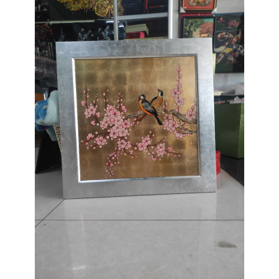 Tranh sơn mài - UYÊN ƯƠNG TRÊN CÀNH ĐÀO - Nền dát vàng/bạc cao cấp