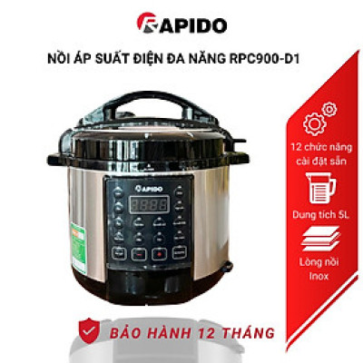 Nồi áp suất điện đa năng Rapido RPC900-D1 cao cấp, lòng nồi Inox, bảo hành 1 năm toàn quốc, 12 chế độ nấu tự động - Hàng chính hãng