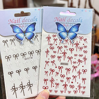 Sticker 5D Dán Móng Hình Nơ Đỏ RM Keo Tự Dính, Hình Dán Móng Nơ Lụa Nơ Đen Trắng Mix Nổi R7M Dạng Nổi Làm Nail Cao Cấp Nữ Women