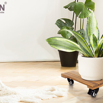 Kệ Để Chậu Cây Có Bánh Xe ANKAN, Đế Để Chậu Cây, Kệ Giá Đỡ Chậu Hoa Cây Cảnh, Hình Vuông Màu Vàng R30 Cm, Tải 150kg