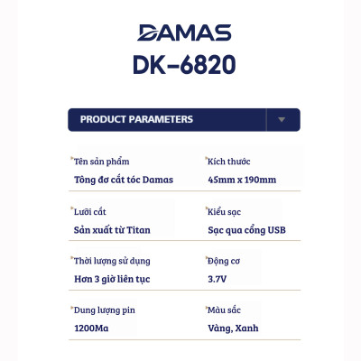 Tông Đơ Cắt Tóc Damas DH-6820 – Thiết Kế Đa Năng Chống Nước Tuyệt Đối Nhỏ Gọn, An Toàn –  Tặng Kèm Bộ Đồ Chuyên Dụng Chuẩn Salon – Hàng Chính Hãng