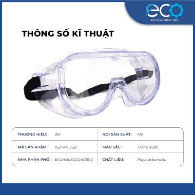 Kính bảo hộ lao động 3M cao cấp Mỹ 1621 chống bụi, chống hóa chất, kính phun thuốc trừ sâu