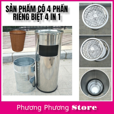HÀNG CAO CẤP - Thùng rác inox tròn, thùng rác inox gạt tàn tròn ( Tặng sọt tròn mây )